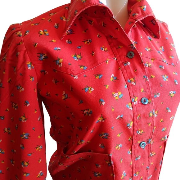 Women's 1OF1 Small Vintage Shirt Top Jacket 1970's Red Button-Up Floral Handmade - Picture 4 of 8